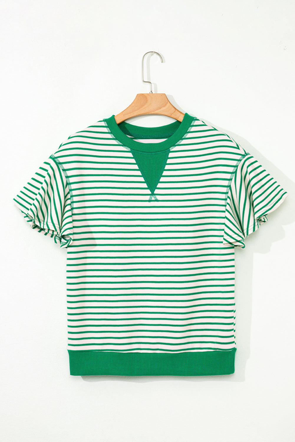 Sachet Pink Contrast Detail Striped Ruffle Short Sleeve Top