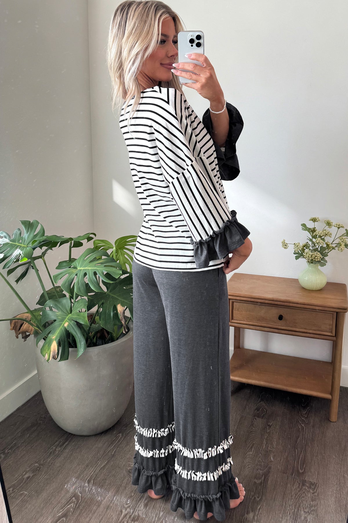 Khaki Stripe V Neck Ruffle Contrast Sleeve Top Drawstring Pants 2pcs Set