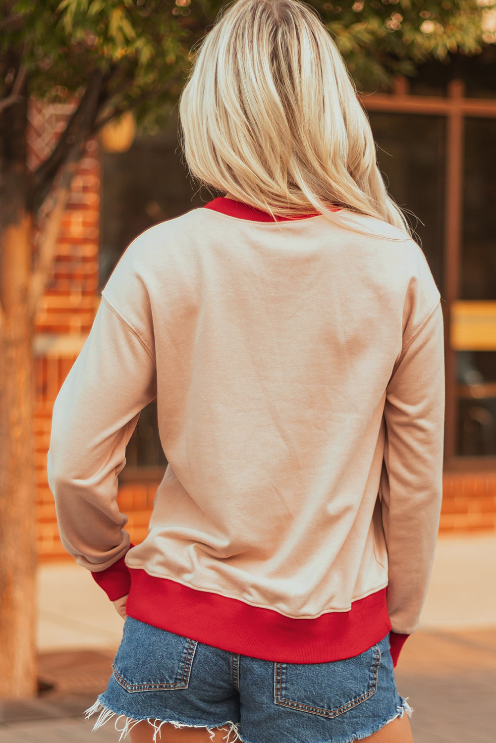 Oatmeal GAME DAY Letter Graphic Varsity Striped Detail Baggy Sweatshirt