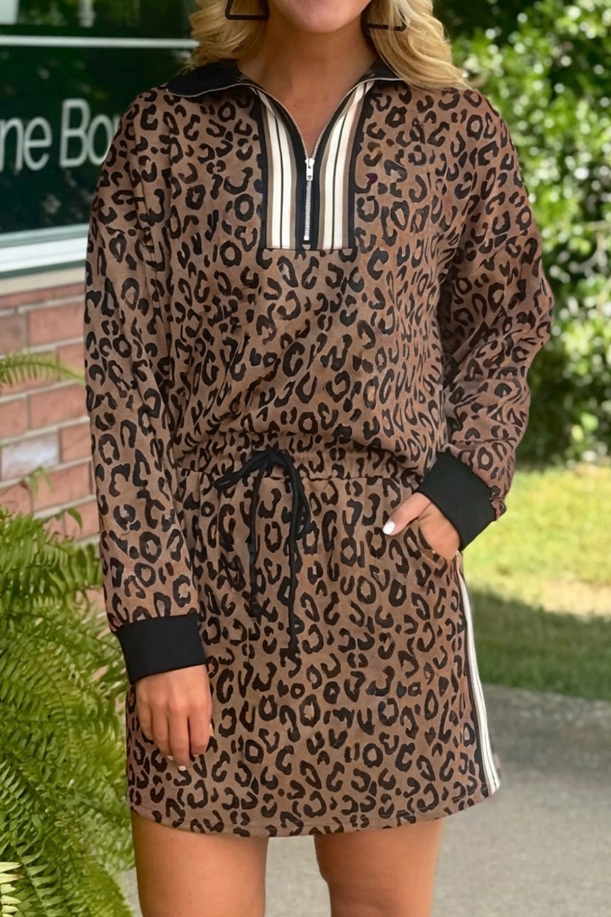 Khaki Leopard Print Quarter Zip Long Sleeve Top Mini Skort Set