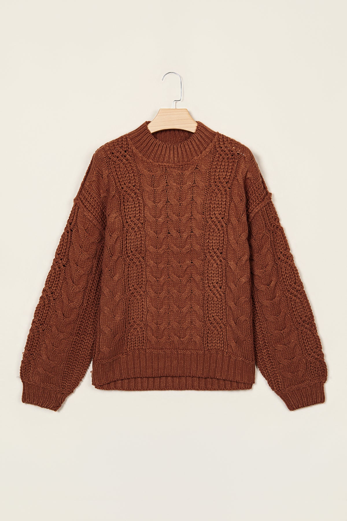 Coffee Solid Color Cable Knit Mock Neck Loose Pullover Sweater