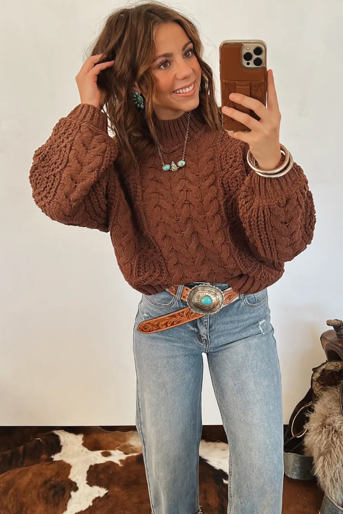 Coffee Solid Color Cable Knit Mock Neck Loose Pullover Sweater