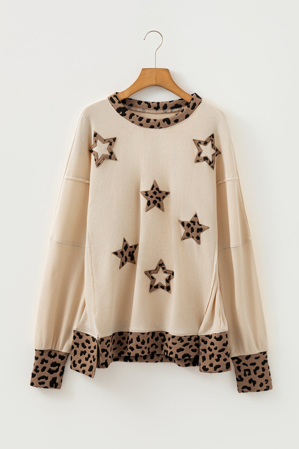 Beige Contrast Leopard Star Patchwork Detail Raw Seam Baggy Sweatshirt