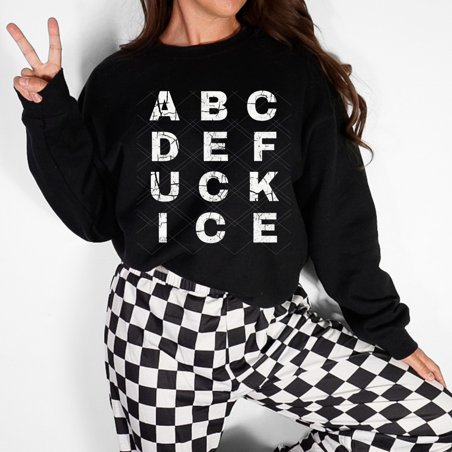 Bold “ABCD FCK ICE” statement sweatshirt/tee with distressed block lettering. Pro-human rights, anti-ICE graphic apparel designed for activists and everyday advocates.
