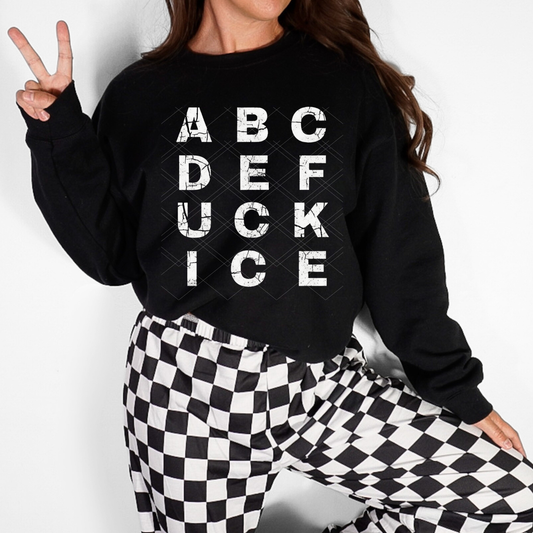 Bold “ABCD FCK ICE” statement sweatshirt/tee with distressed block lettering. Pro-human rights, anti-ICE graphic apparel designed for activists and everyday advocates.