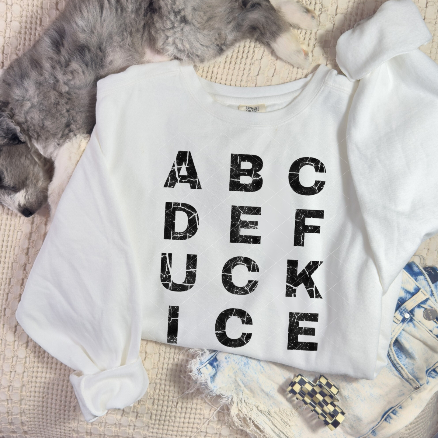 White sweatshirt with distressed black ABCD FCK ICE block lettering, styled in a flat-lay next to denim shorts and a dog.