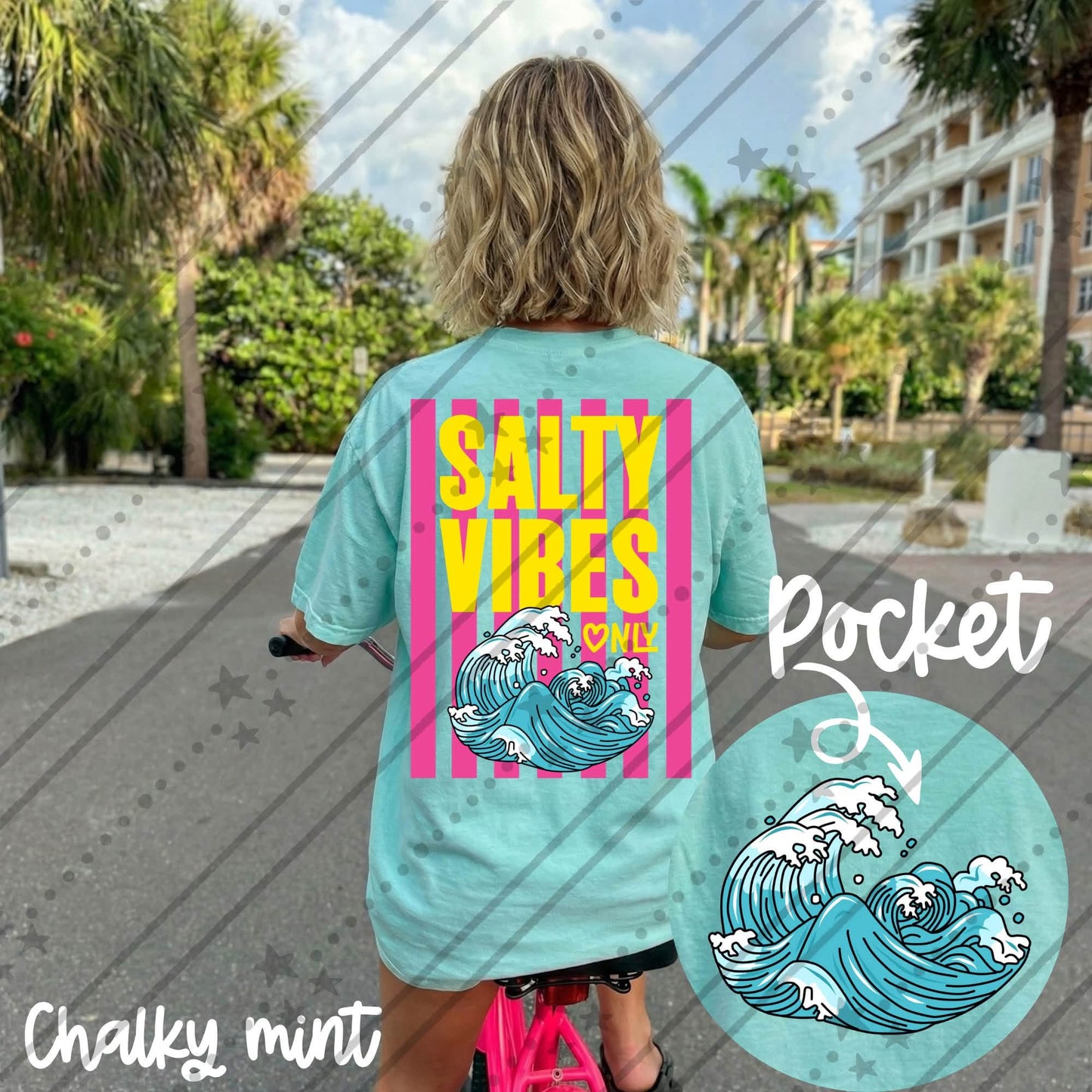 Comfort Colors graphic t-shirt "Salty Vibes Only" wave design.  Available in orchid, chambray, chalky mint, and black.