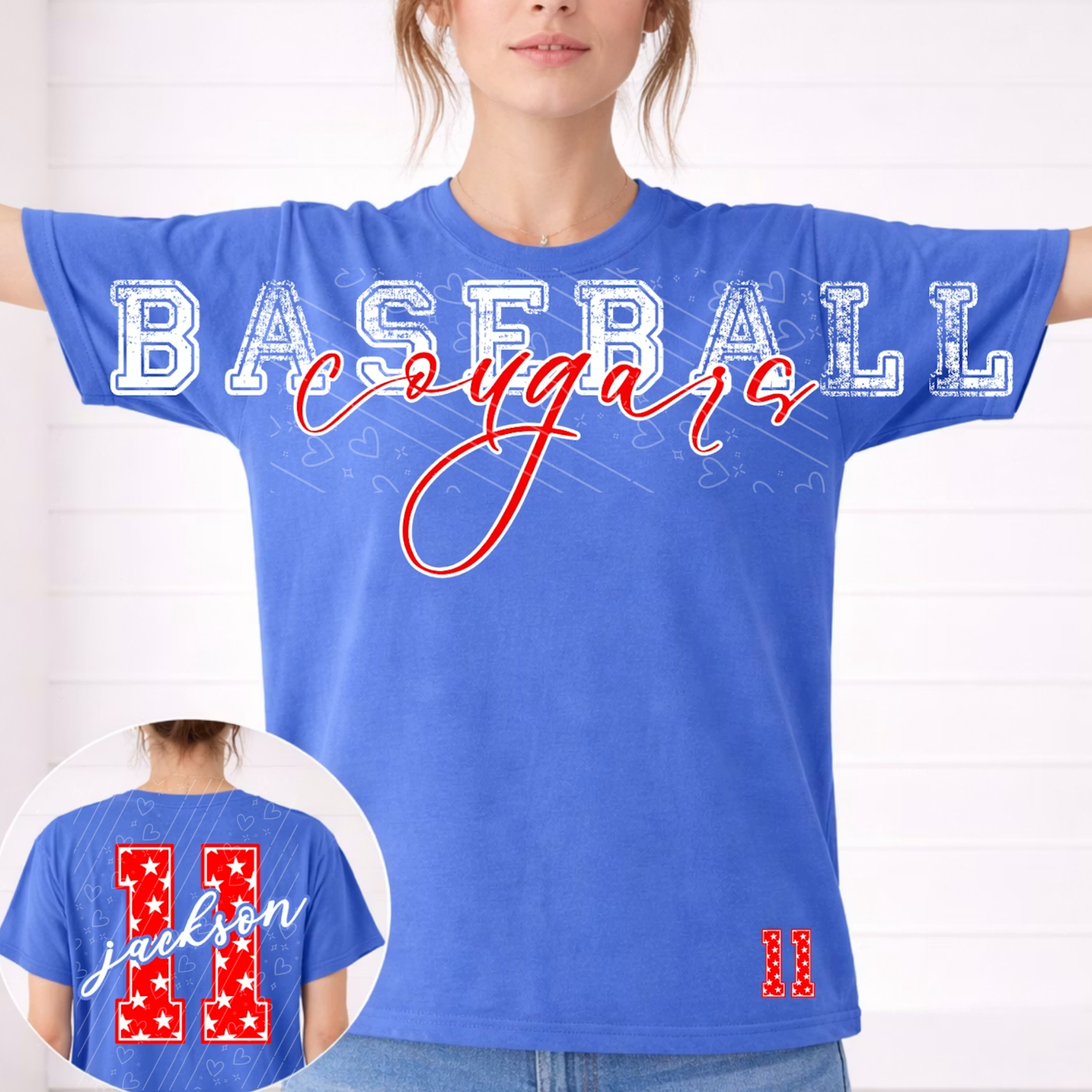 Royal blue personalized baseball team t-shirt featuring a custom team name, player name, front and back jersey numbers, and customizable team colors for baseball game day apparel.