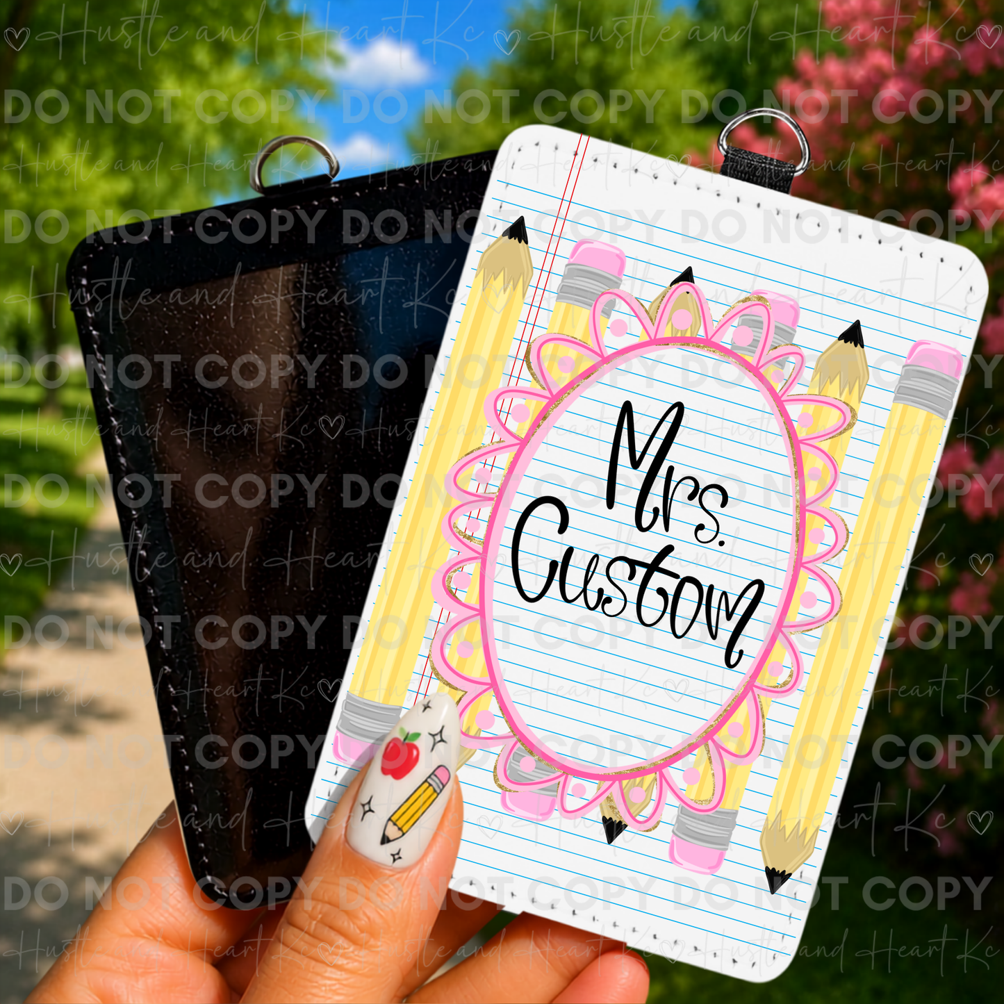 Personalized teacher ID badge holder featuring a colorful pencil name design.