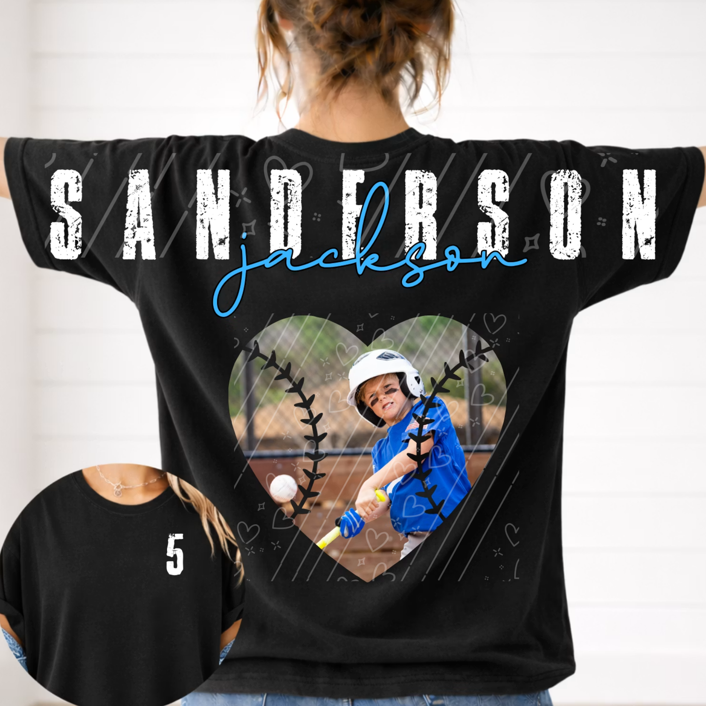 Black personalized baseball mom t-shirt featuring a custom player name, script name, heart-shaped baseball photo, and jersey number for baseball game day spirit wear.