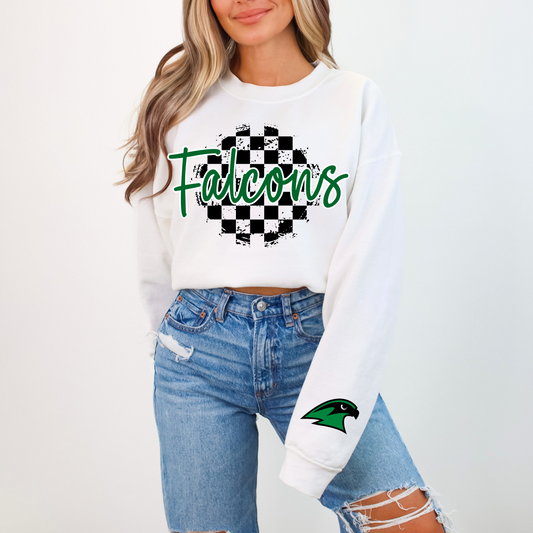 Falcons Distressed Checkered w/ sleeve mascot Sweatshirt
