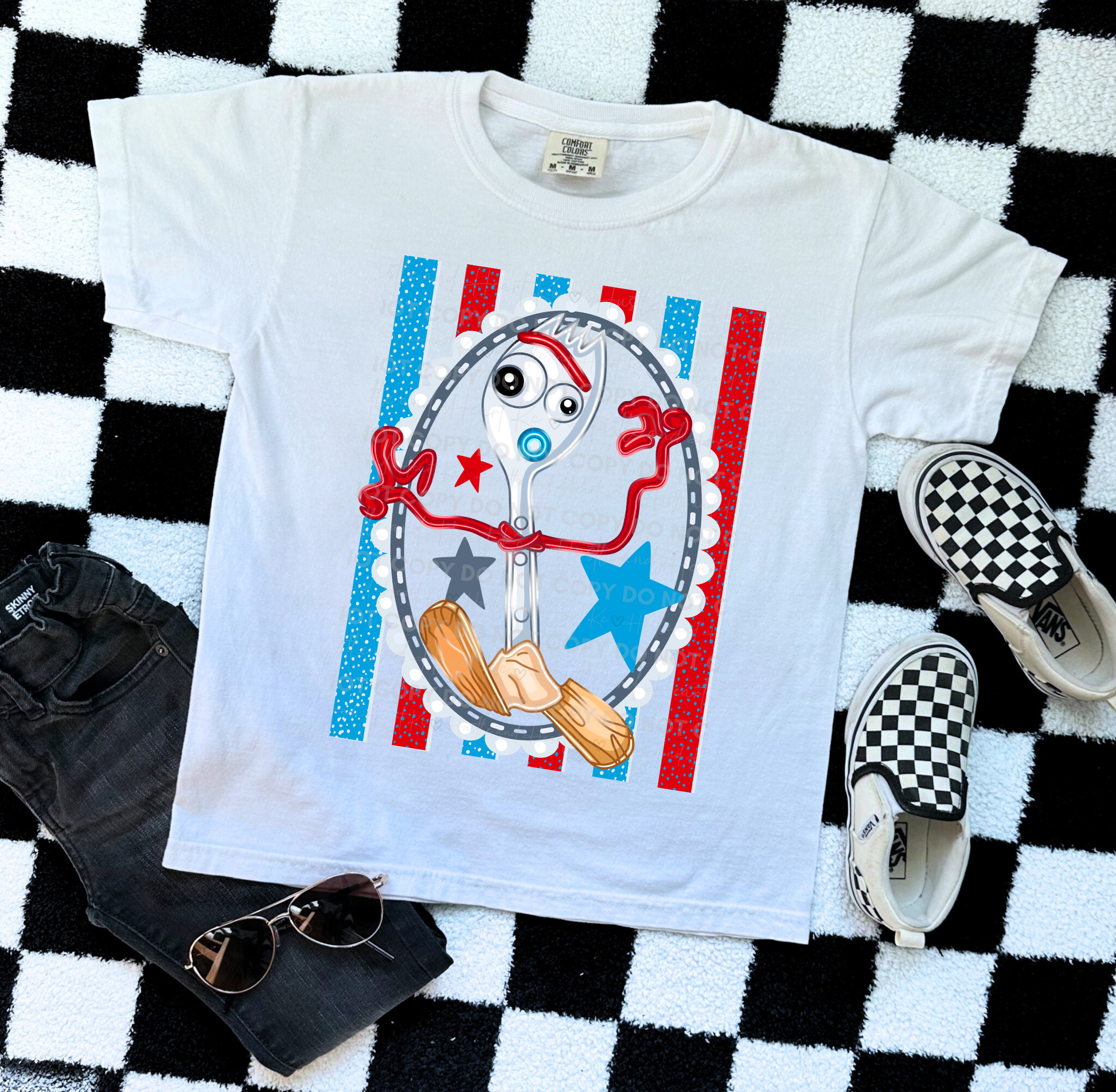 Forky-inspired character design on a Comfort Colors® t-shirt featuring colorful stars and playful retro accents.