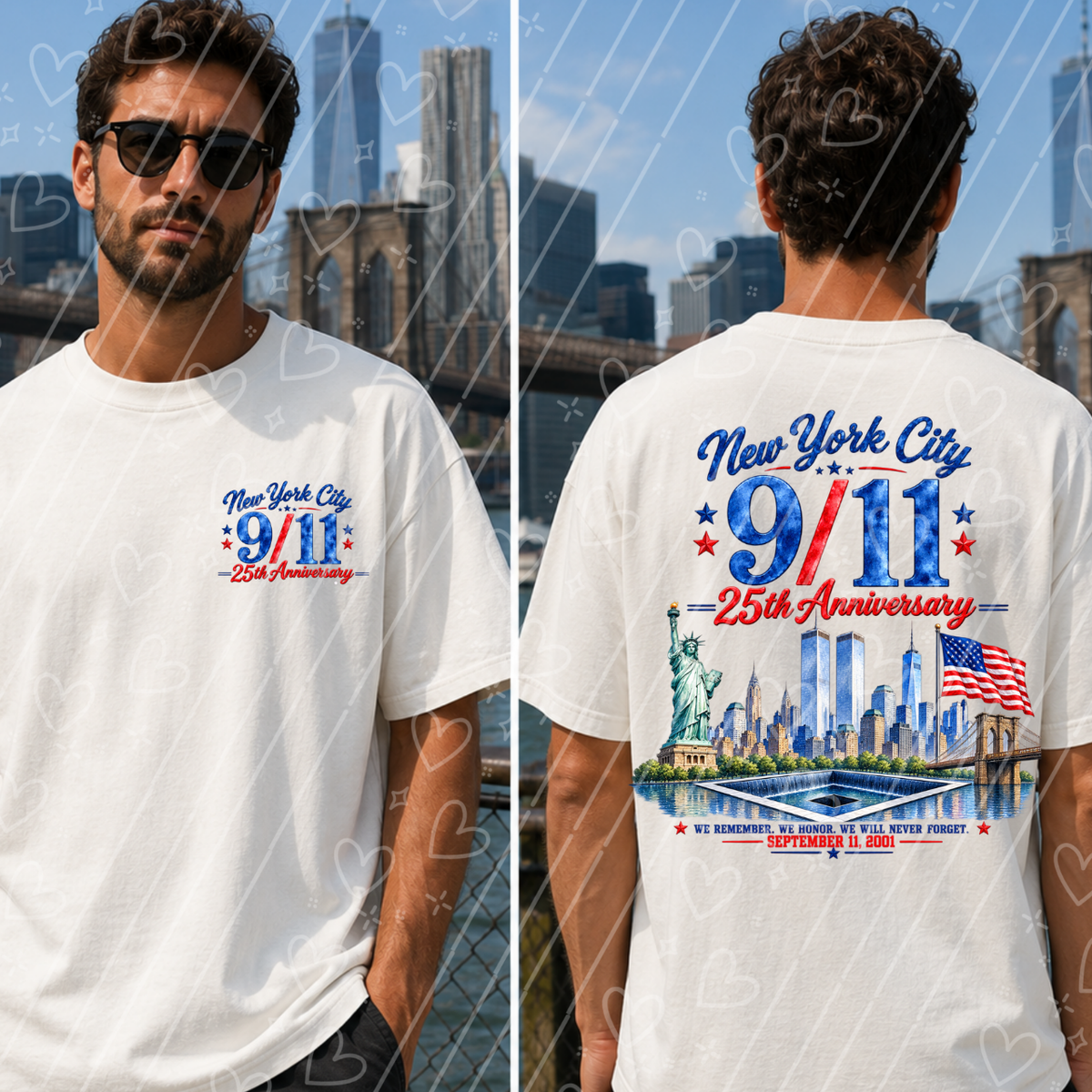 White 9/11 25th Anniversary shirt with small patriotic 9/11 front graphic and large New York City September 11 memorial design on back