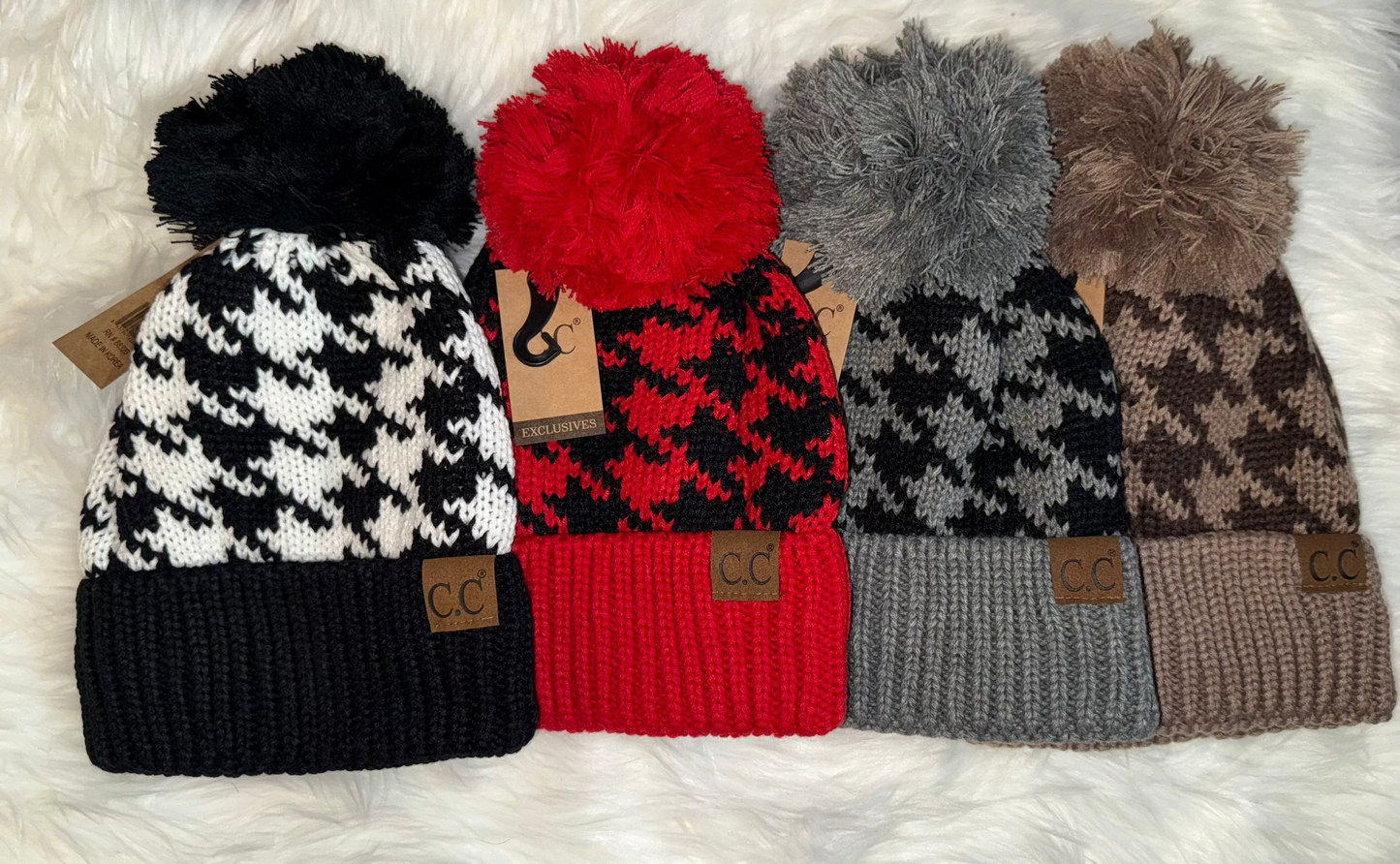 Houndstooth Pom Beanie