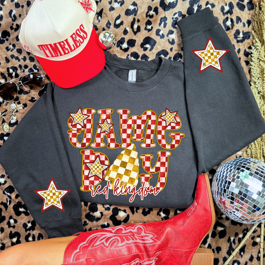 Black Red Kingdom checkered Game Day sweatshirt with arrowhead and star sleeve details.