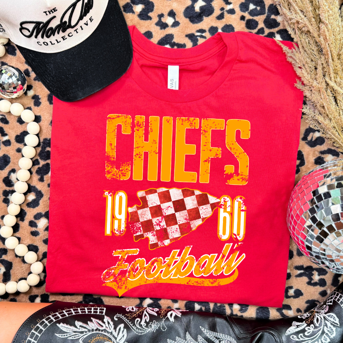 Red Chiefs Football distressed tee with vintage arrowhead design and 1960 detail.