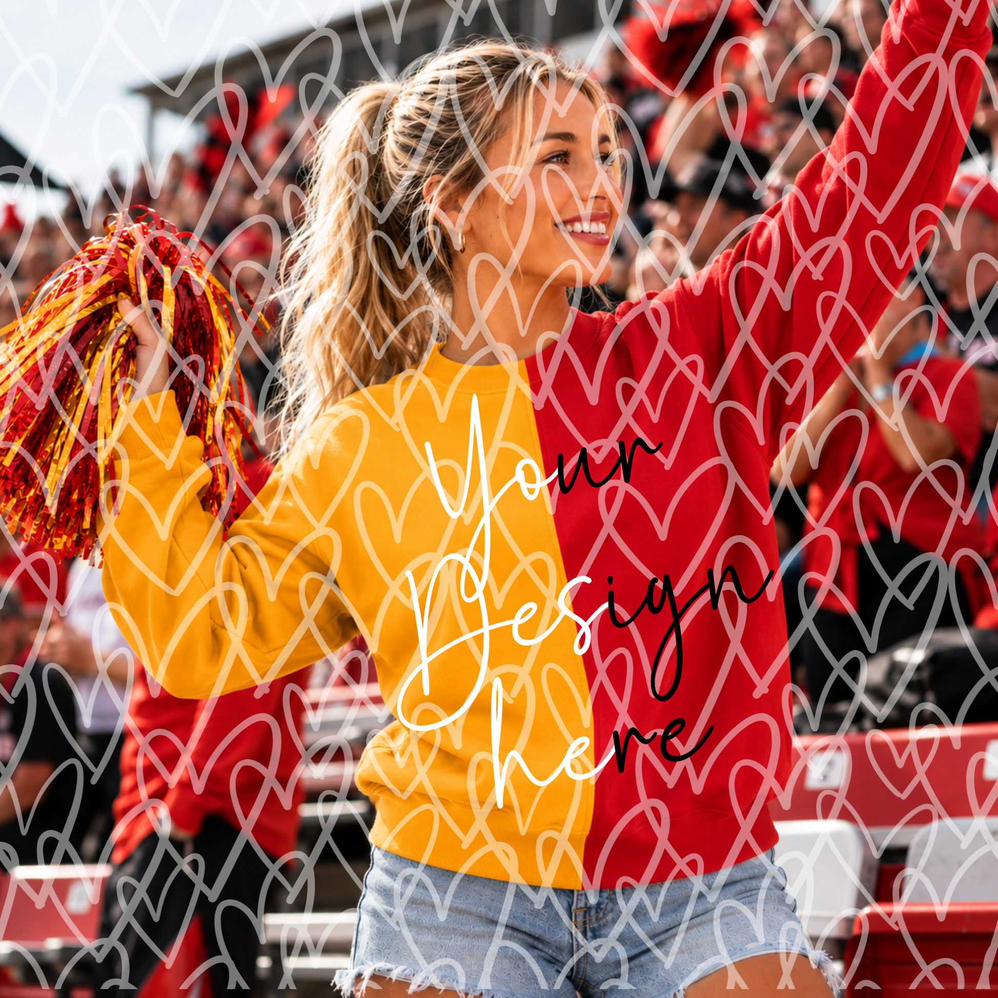 Bundle of 10 lifestyle mockups featuring models wearing blank split-color Gildan Heavy Blend-style sweatshirts with coordinating pom-poms and football stadium backgrounds.