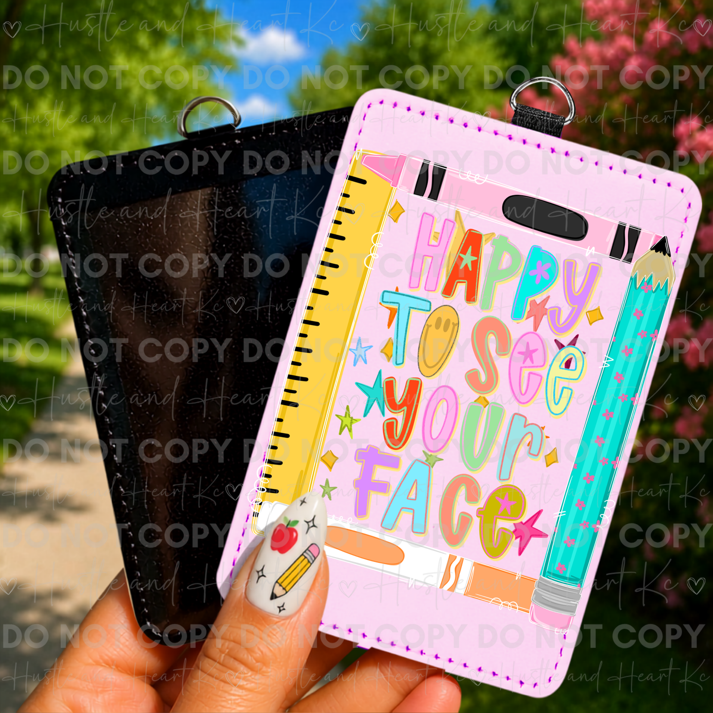 Teacher badge reel featuring Happy To See Your Face design with colorful school supplies.