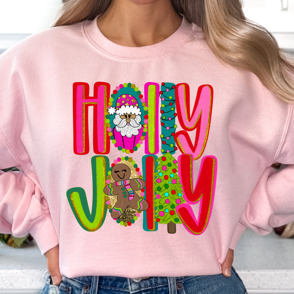 Holly Jolly Christmas Sweatshirt – Cute Santa, Gingerbread & Tree Holiday Crewneck