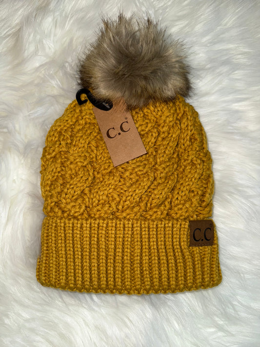Ribbed Cable Knit Fur Pom Beanie
