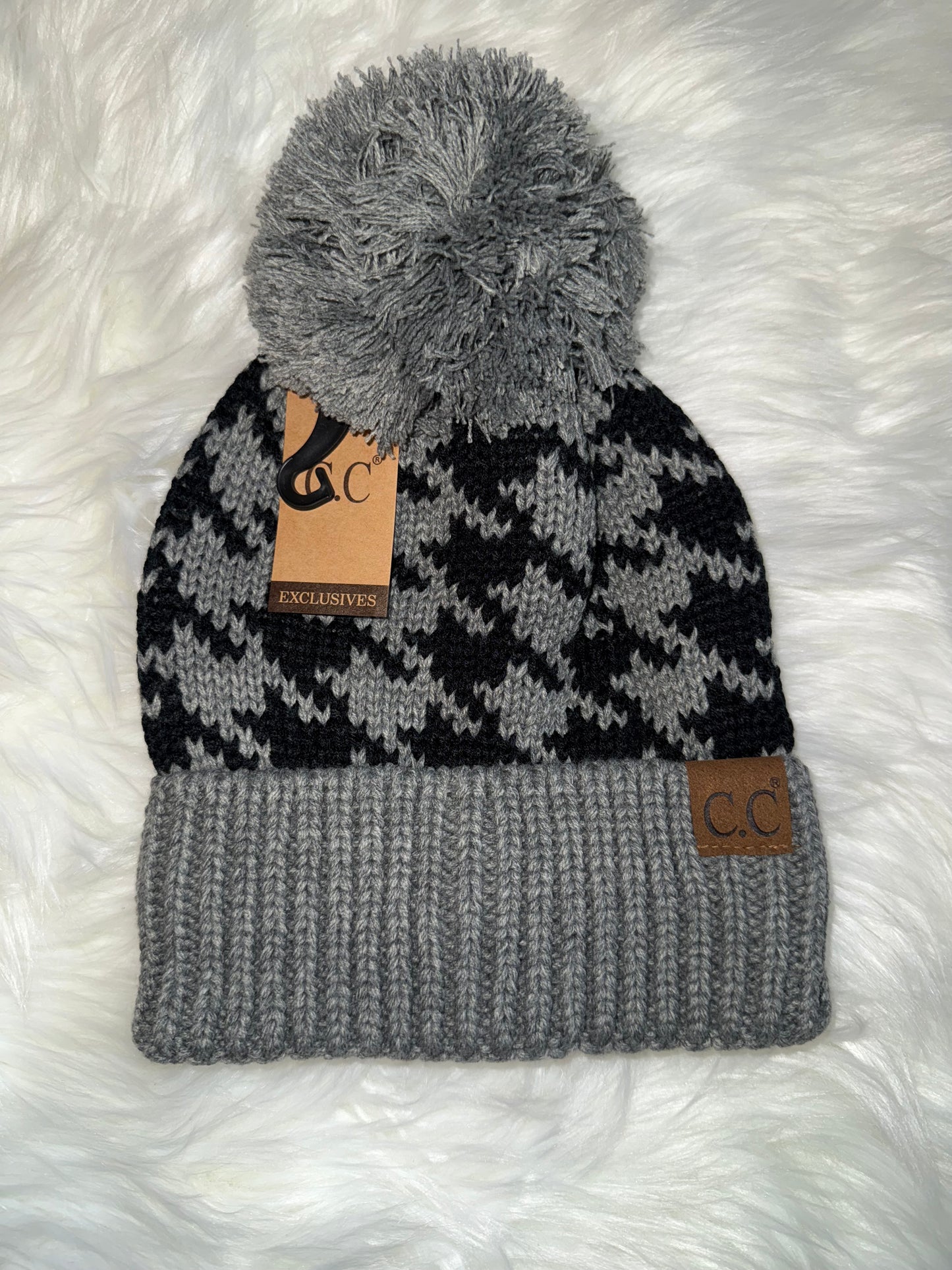 Houndstooth Pom Beanie