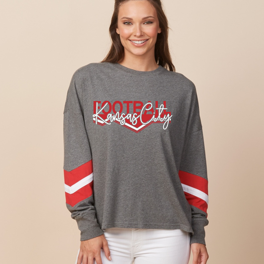 Boxy Varsity Long Sleeve Kansas City Football Chevron - Red/White