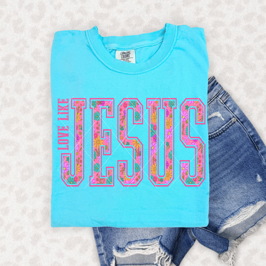 Sapphire blue Love Like Jesus floral varsity sweatshirt styled with denim shorts.