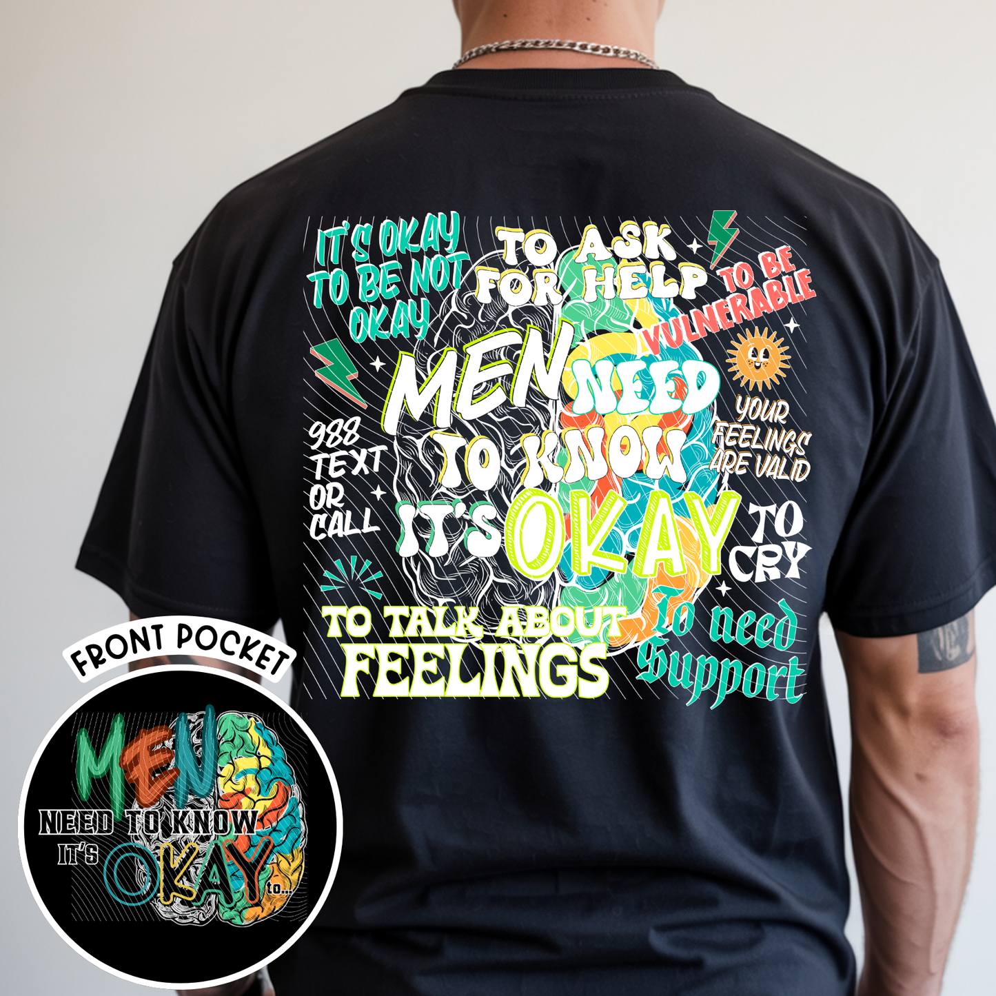 A man wearing a black graphic t-shirt, showing the back of the shirt with a colorful distressed text design that reads 'MEN NEED TO KNOW IT'S OKAY'. A circular inset in the bottom left corner shows the front pocket design of the same shirt.