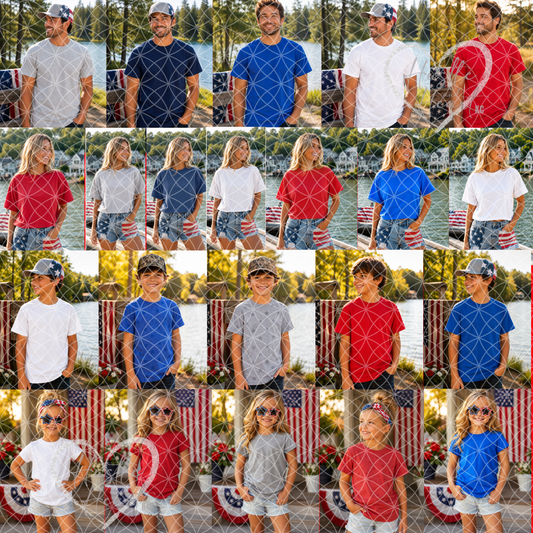 Family patriotic lifestyle mockup bundle featuring adult and youth models wearing blank red white and blue shirts outdoors during golden hour.