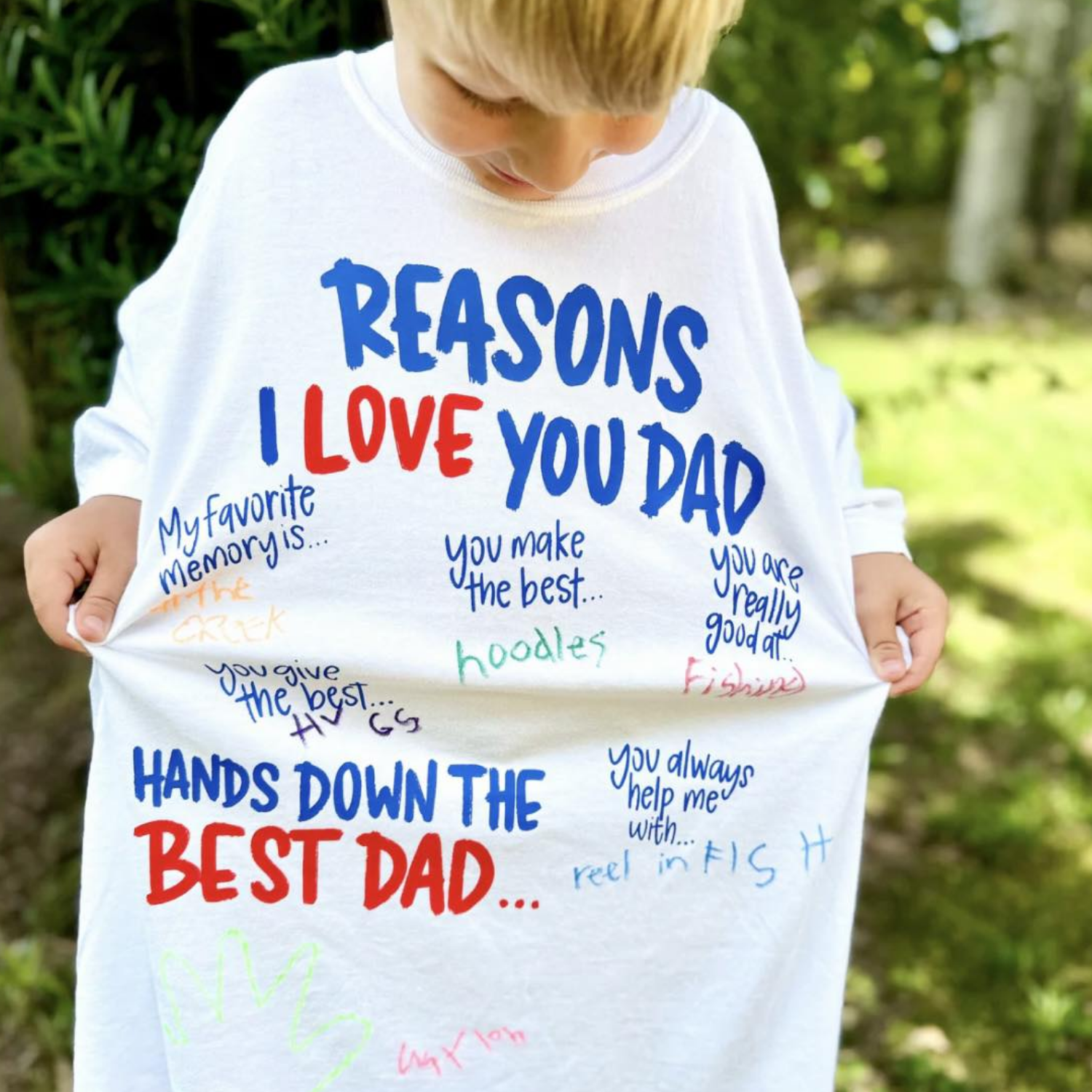 Personalized Reasons I Love You Dad shirt featuring a child's handwritten answers, memories, drawings, and messages printed on a custom Father's Day keepsake shirt. ❤️👨‍👧‍👦