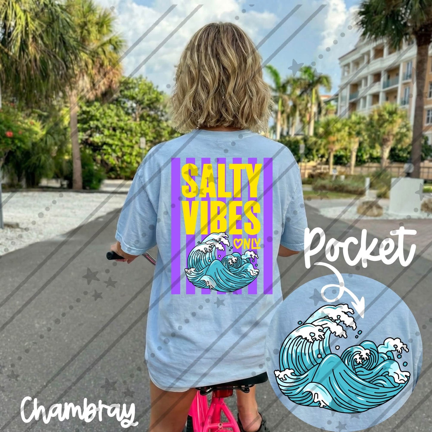 Comfort Colors graphic t-shirt featuring a colorful "Salty Vibes Only" wave design on the back with a matching ocean wave pocket graphic on the front.