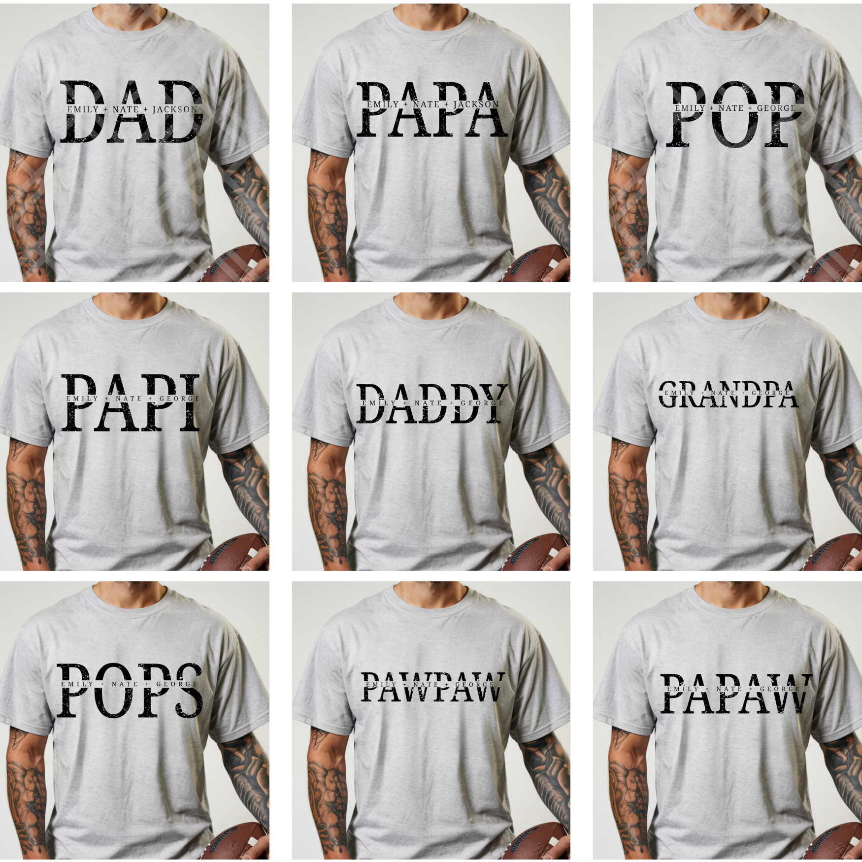Personalized dad shirt featuring custom titles such as Dad, Daddy, Papa, Papi, Pops, Pawpaw, and Grandpa with children's or grandchildren's names incorporated into the design.
