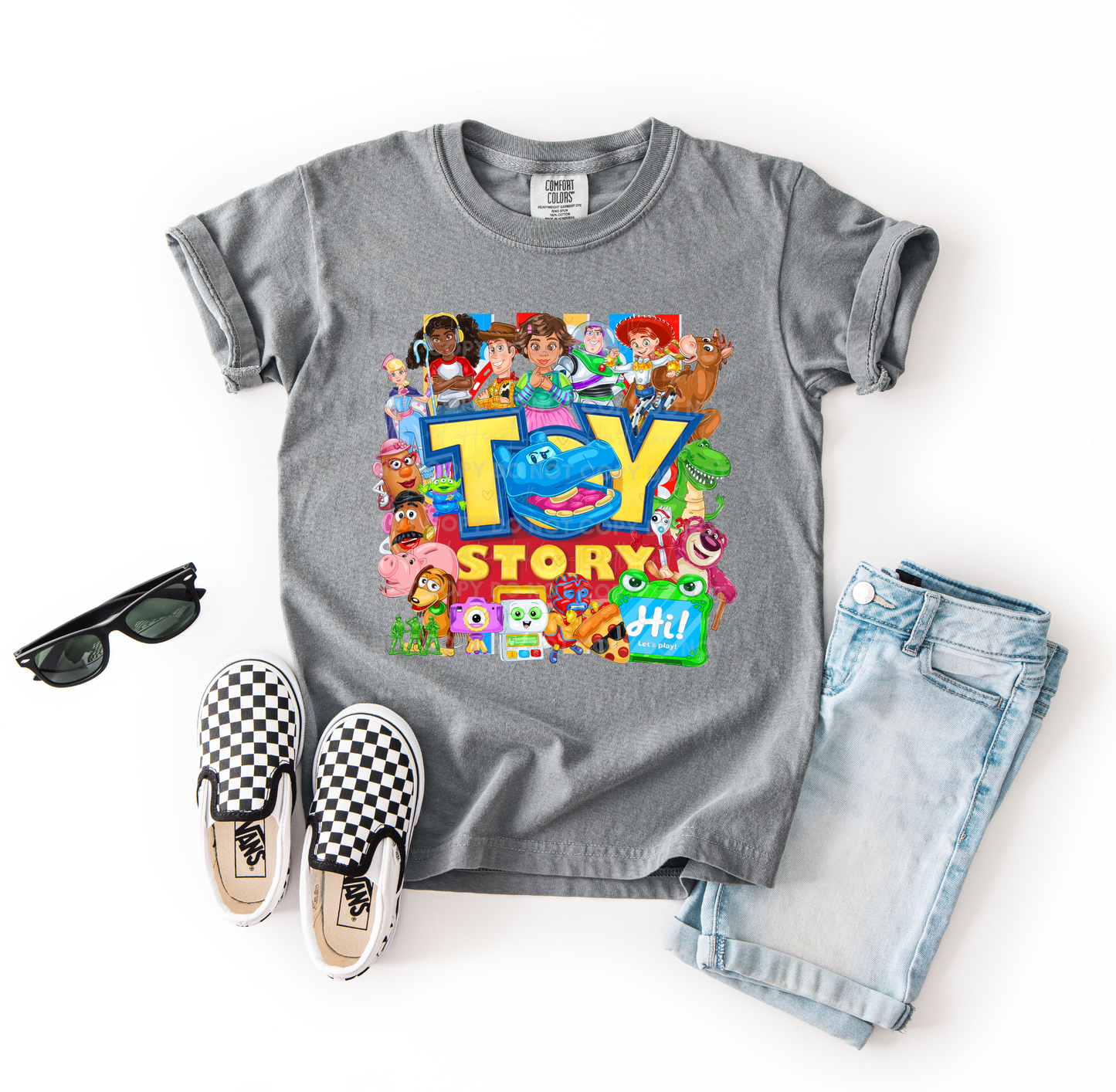 Colorful Toy Story character collage printed on a Comfort Colors t-shirt featuring Woody, Buzz Lightyear, Jessie, Rex, Hamm, Forky, and other favorite Toy Story characters. Perfect for Disney vacations and family matching outfits.