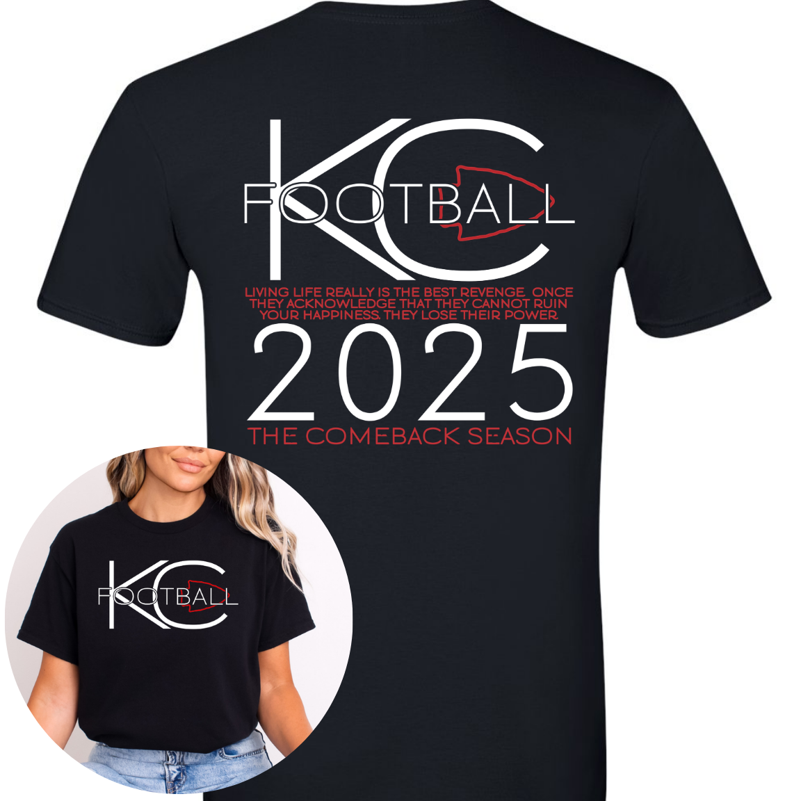 Show your KC pride with the 2025 Football “Comeback Season” black tee. Bold, comfortable, and perfect for game day.