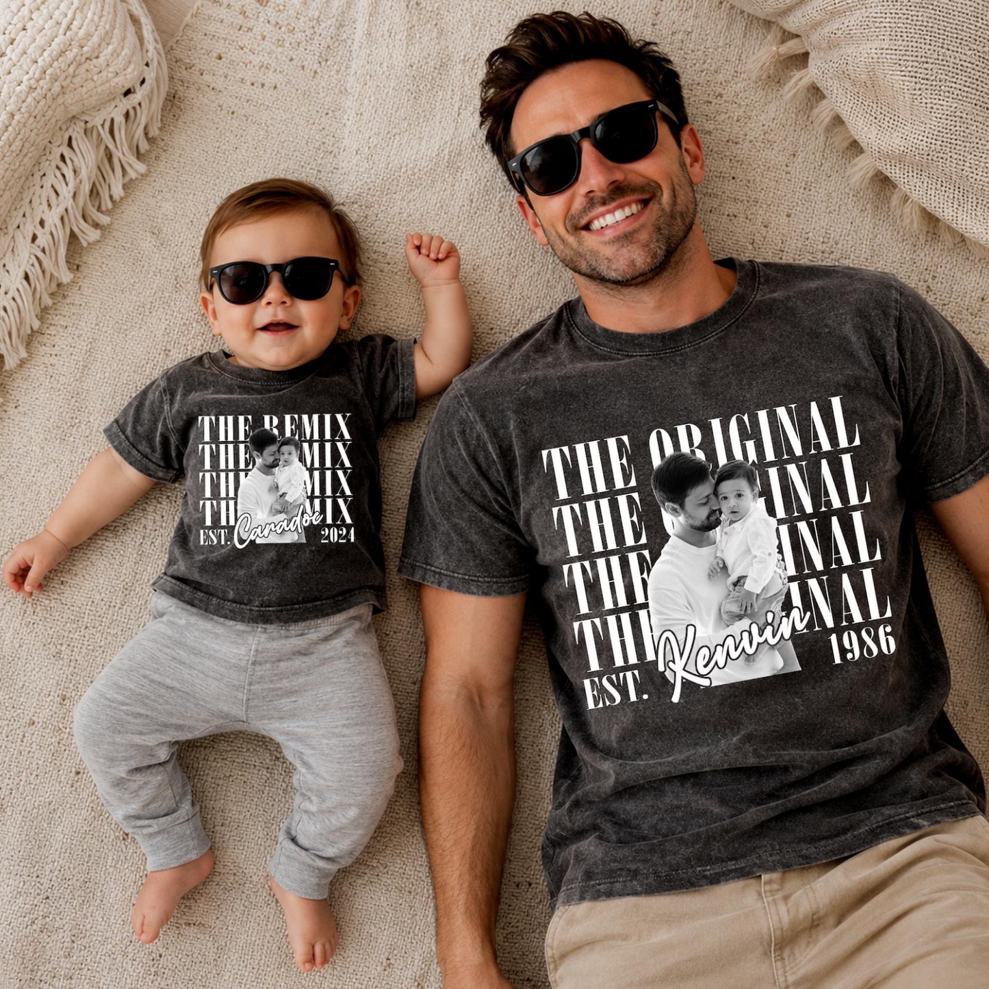 Personalized matching father and child shirts featuring custom photo, name, and established year with The Original and The Remix design.