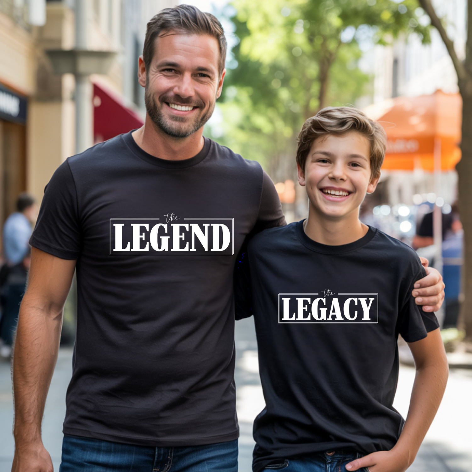 Matching father and son shirts featuring "The Legend" and "The Legacy" typography designs in black and white color options, symbolizing family heritage and generational pride.