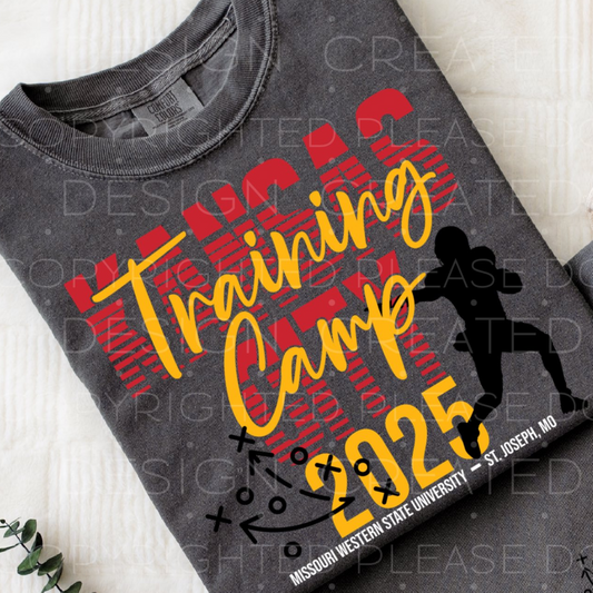 Gray t-shirt with 'Training Camp 2025' design on a white background