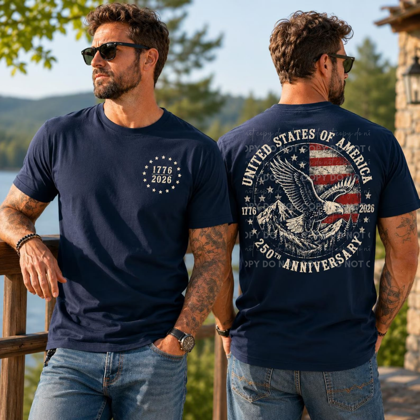 Man wearing a navy front and back patriotic graphic tee featuring a small 1776–2026 chest design and a large United States of America 250th Anniversary eagle, American flag, and mountain back graphic.