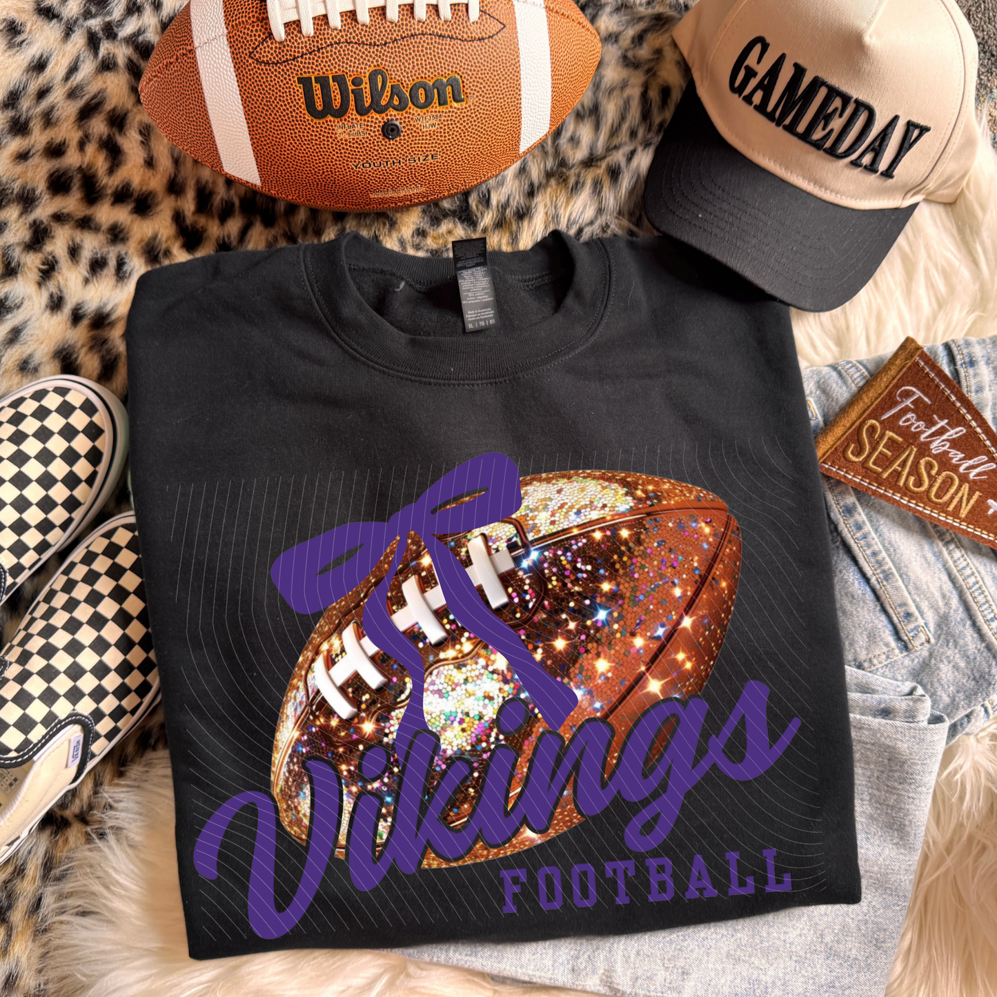 Vikings Faux Glitter Football with Bow Youth