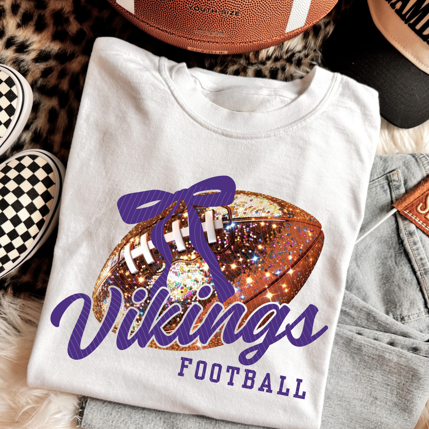 Vikings Faux Glitter Football with Bow Youth