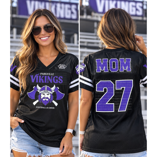 Parkville Vikings women’s black football jersey with purple and white Vikings Football and Cheer design