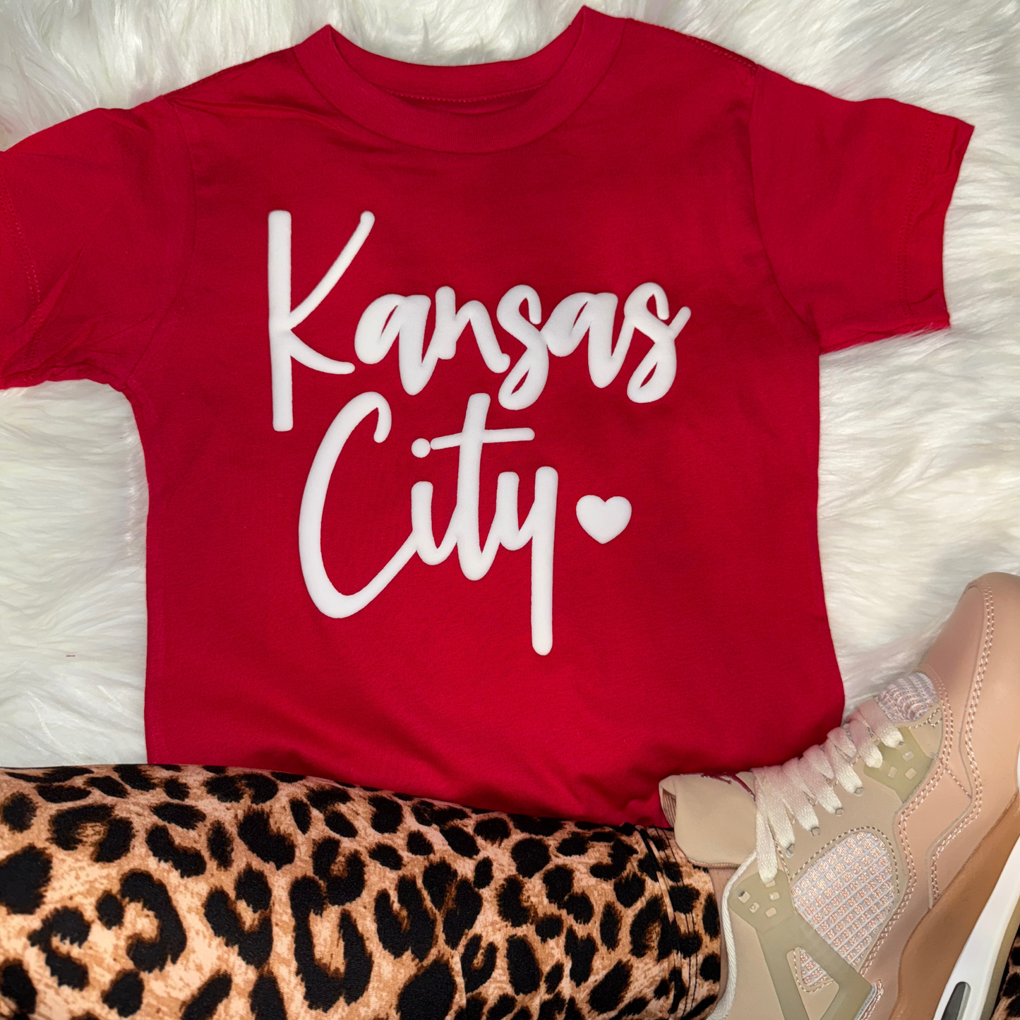 Youth Kansas City White Puff Script T-Shirt – Red Game Day Kids Tee