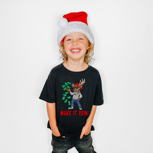 Youth Make It Rein Christmas Shirt – Funny Reindeer Kids Tee
