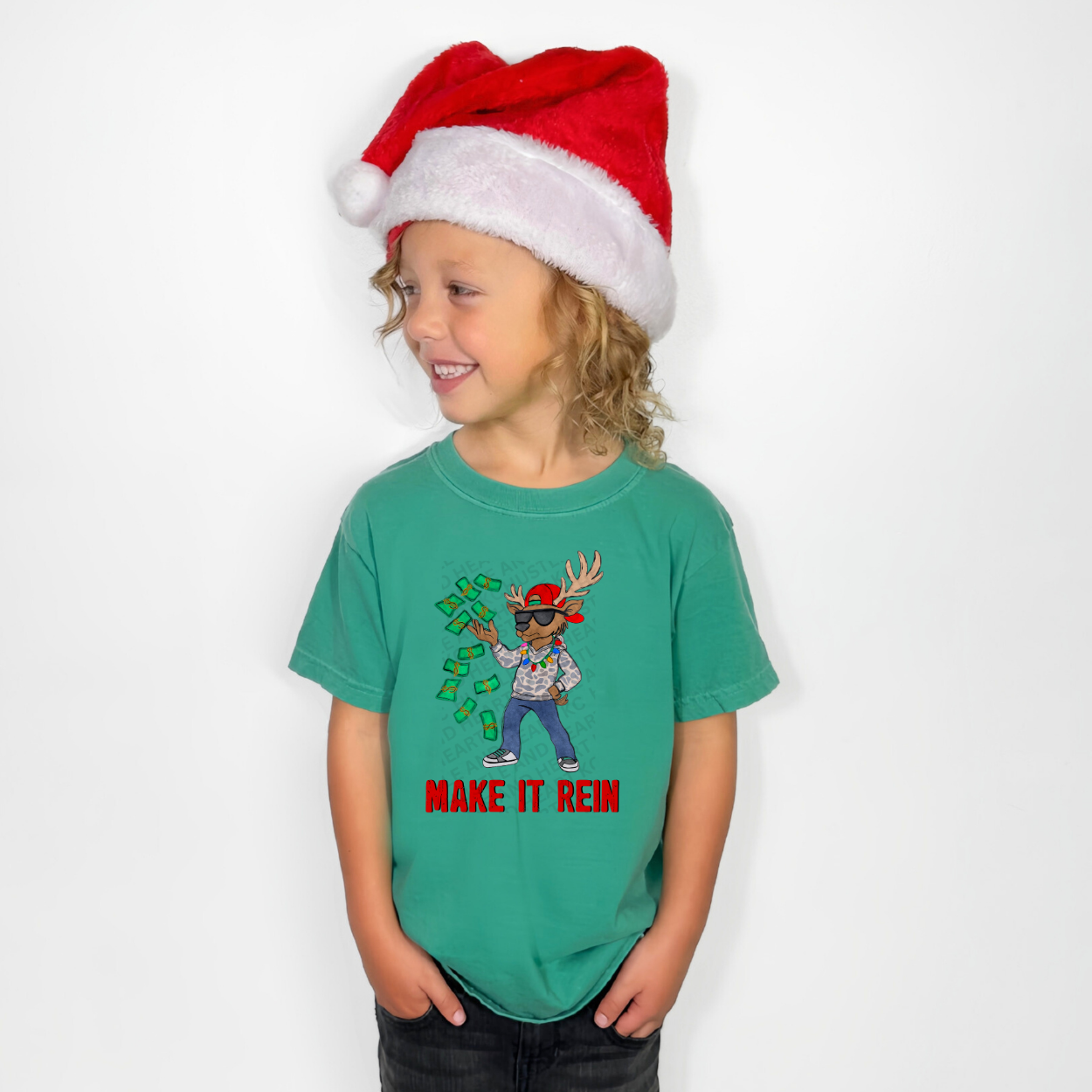 Youth Make It Rein Christmas Shirt – Funny Reindeer Kids Tee