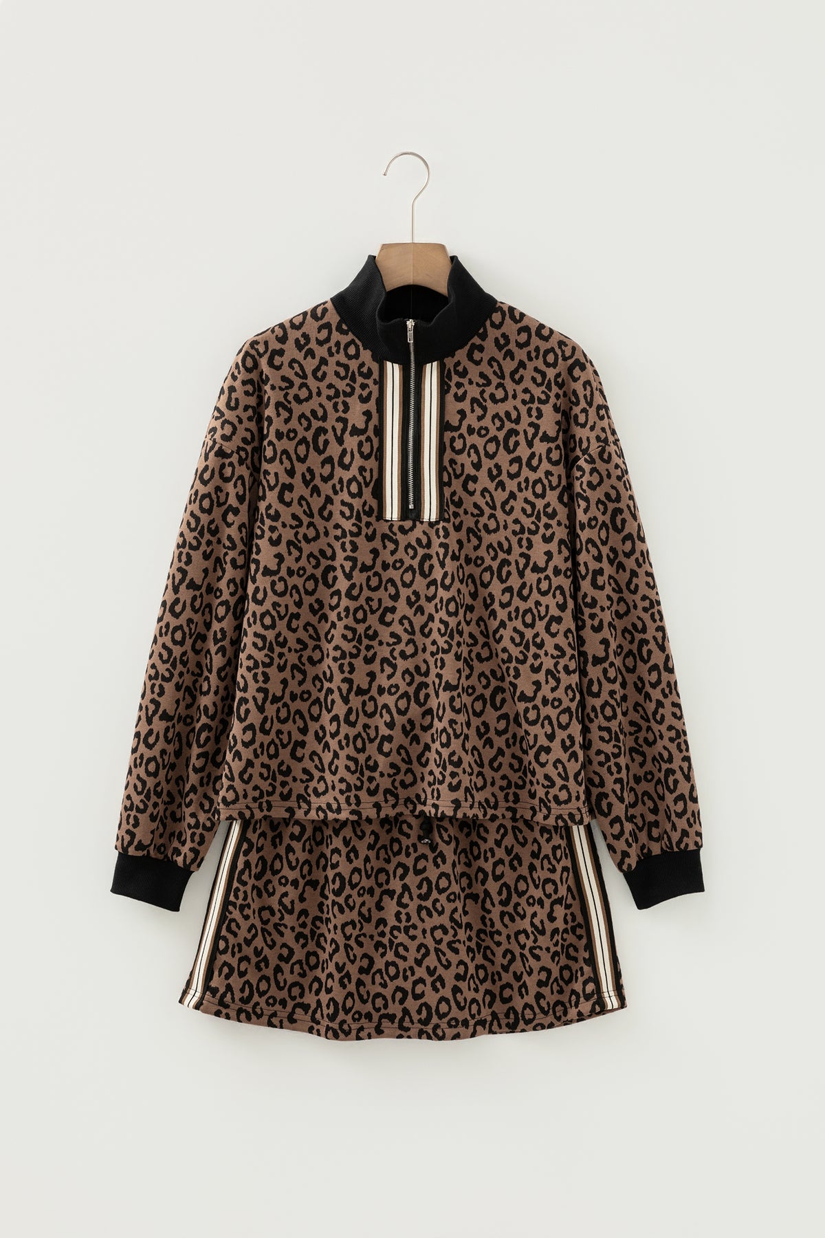 Khaki Leopard Print Quarter Zip Long Sleeve Top Mini Skort Set