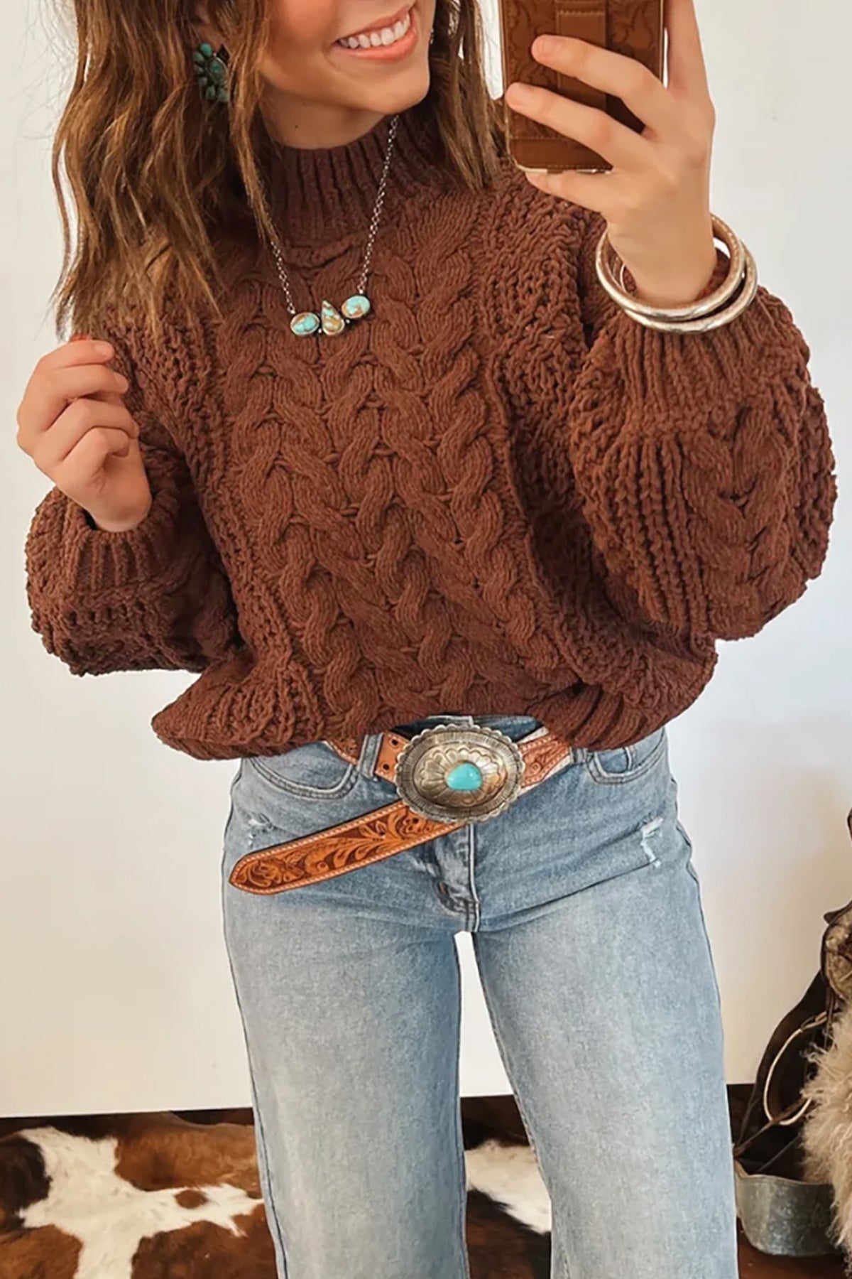 Coffee Solid Color Cable Knit Mock Neck Loose Pullover Sweater