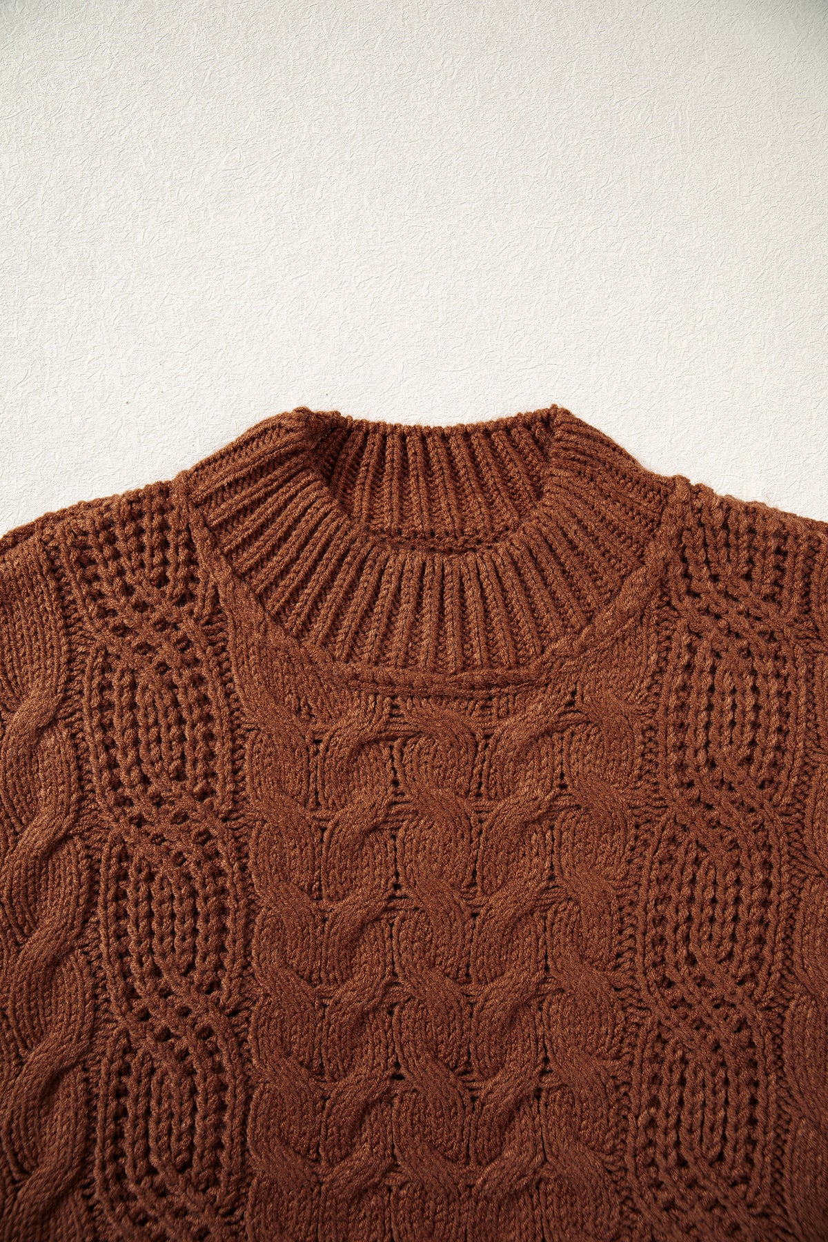 Coffee Solid Color Cable Knit Mock Neck Loose Pullover Sweater
