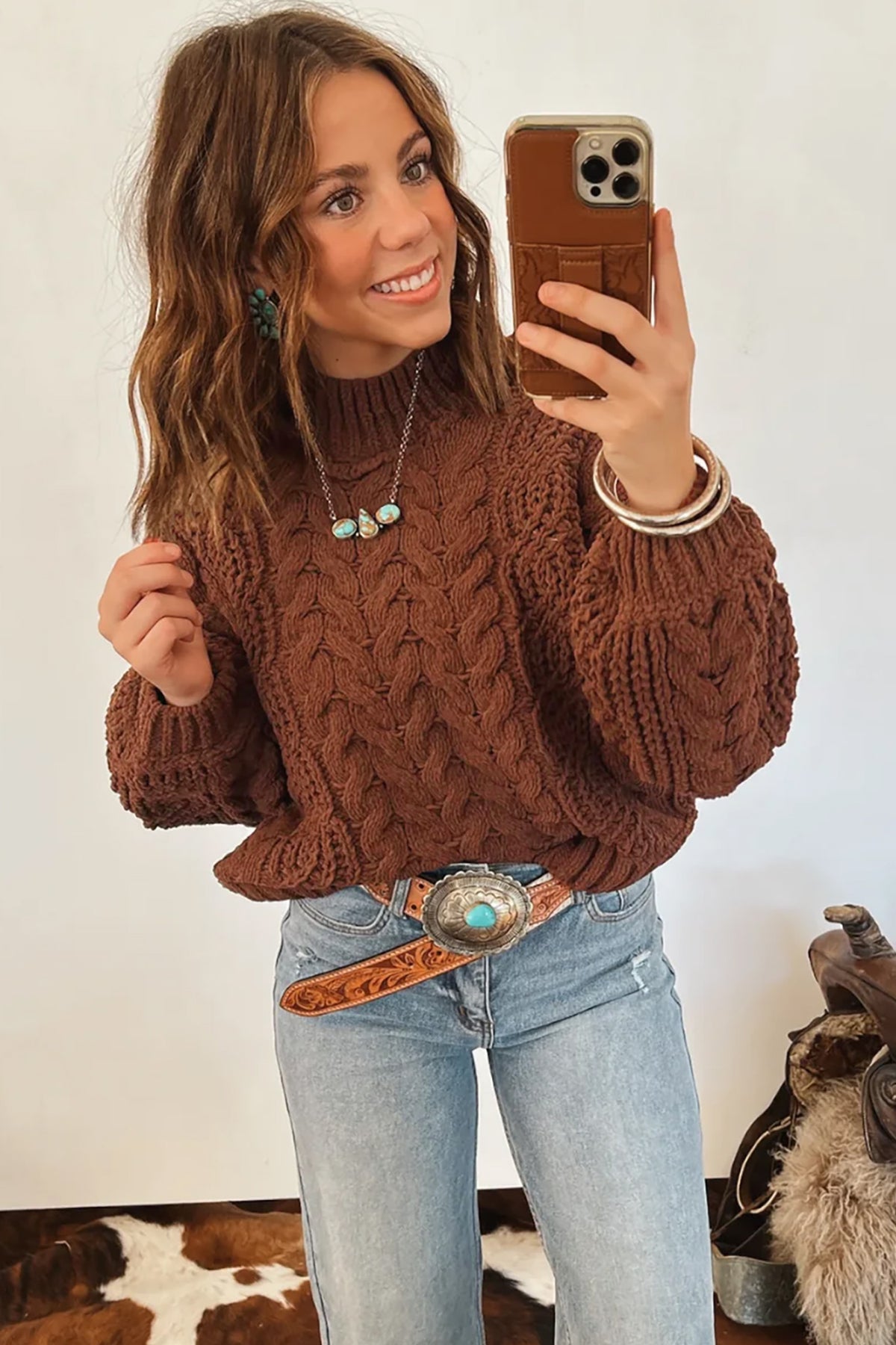 Coffee Solid Color Cable Knit Mock Neck Loose Pullover Sweater