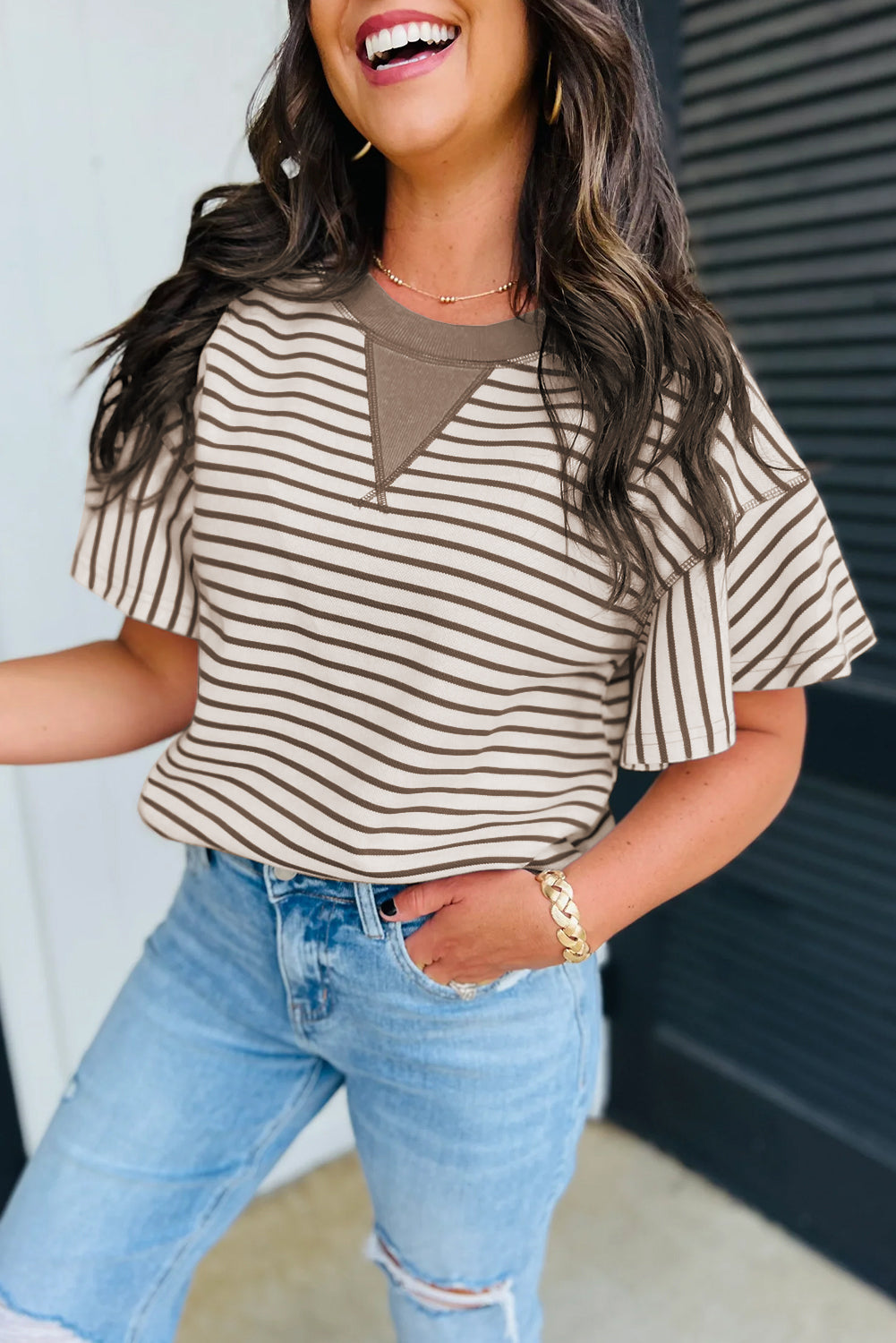 Sachet Pink Contrast Detail Striped Ruffle Short Sleeve Top