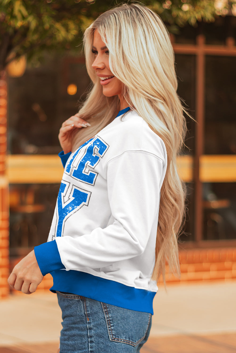 Oatmeal GAME DAY Letter Graphic Varsity Striped Detail Baggy Sweatshirt